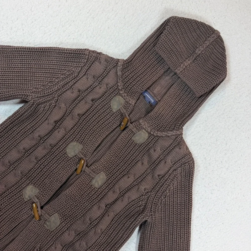 Lands End Cardigan Womens S 6-8 Toggle Hooded Brown Cable Knit EUC